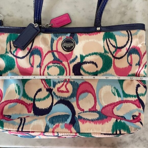 COACH Ikat Scribble Tote Double Handle Bag Blue Pink - Picture 13 of 15